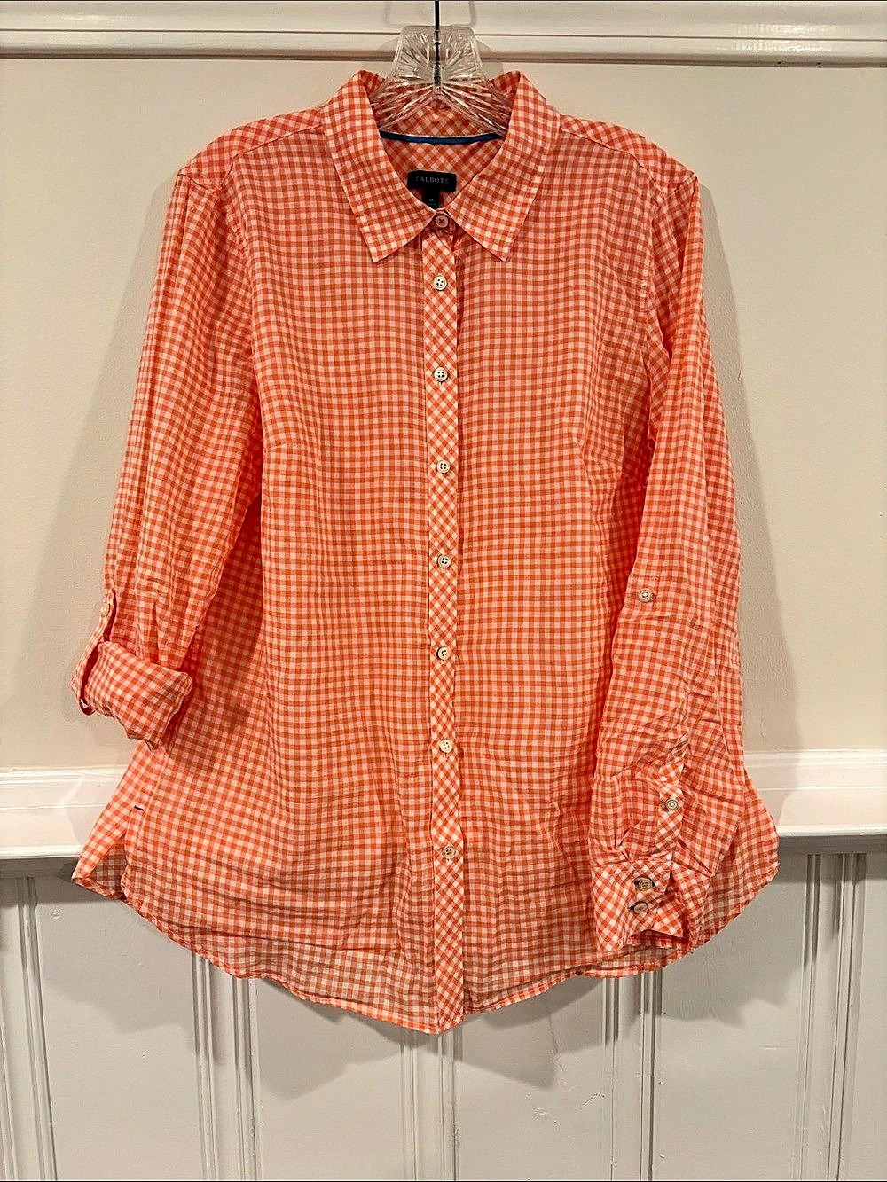 Talbots Classic Cotton Shirt - Pop Gingham Orange & White Size Medium